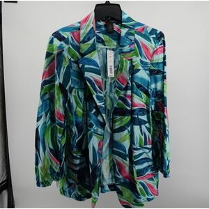 Investments Tropical Leaf‎ Print Open Front Blazer XL Teal Green Pink